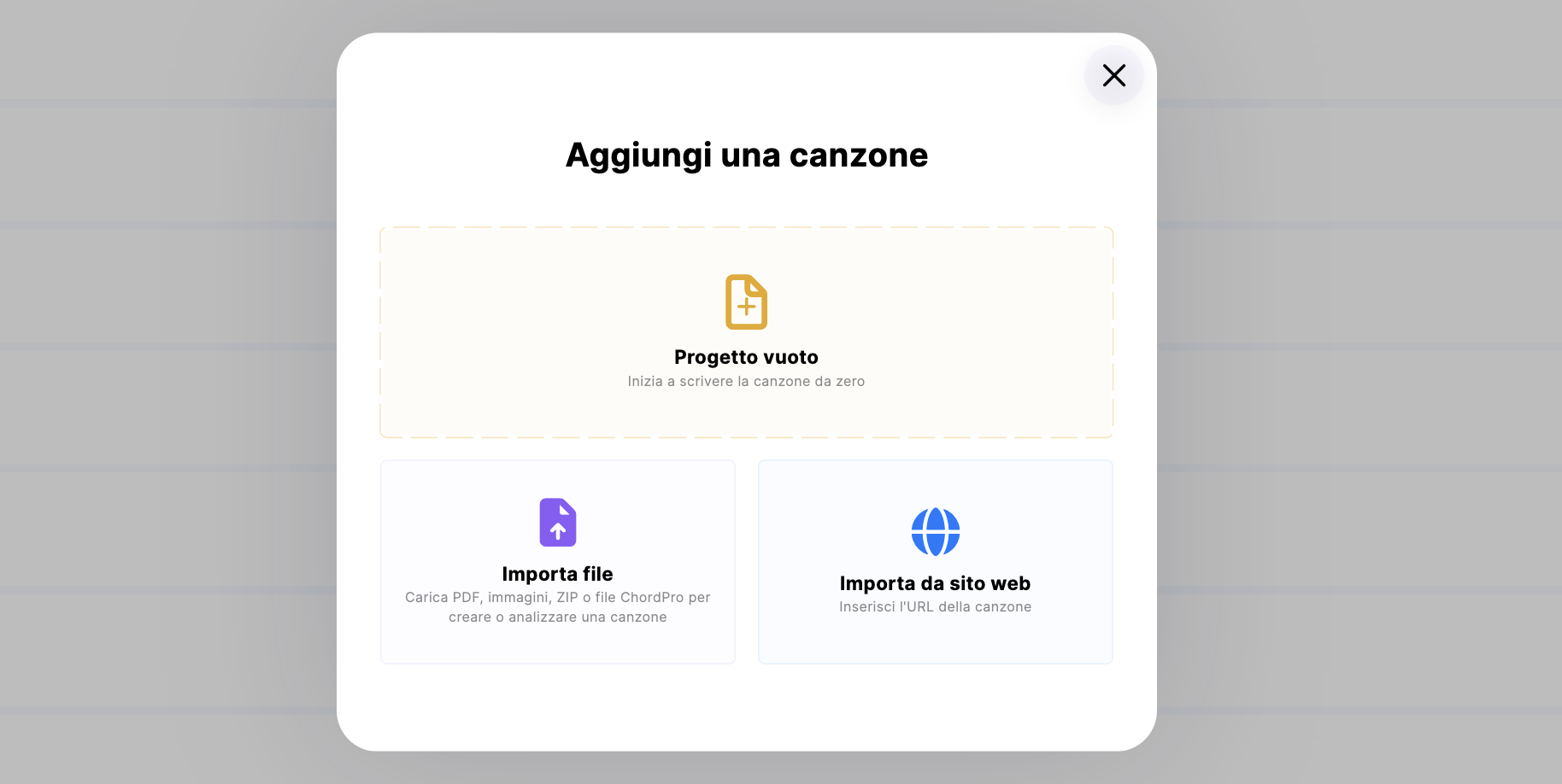 Dialog per aggiungere una canzone, con le opzioni Progetto vuoto, Importa file e Importa da sito web