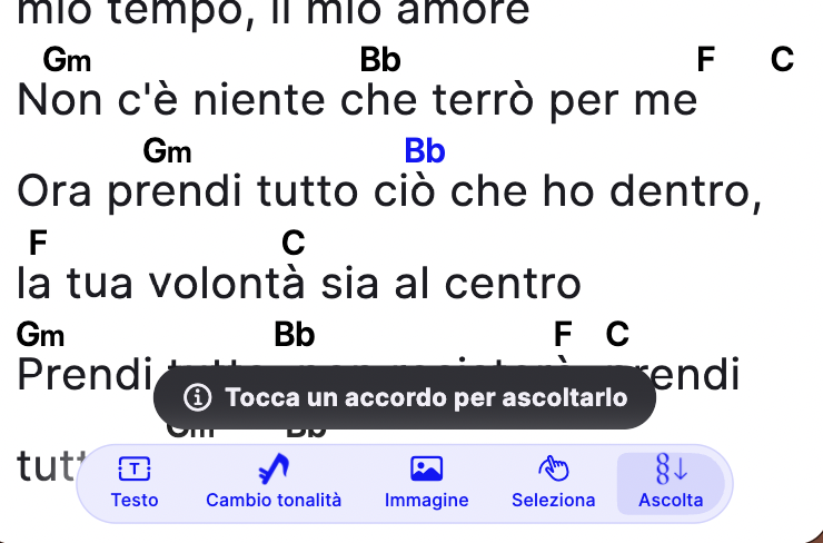 Modalità Ascolta attiva nell'editor, con un accordo evidenziato