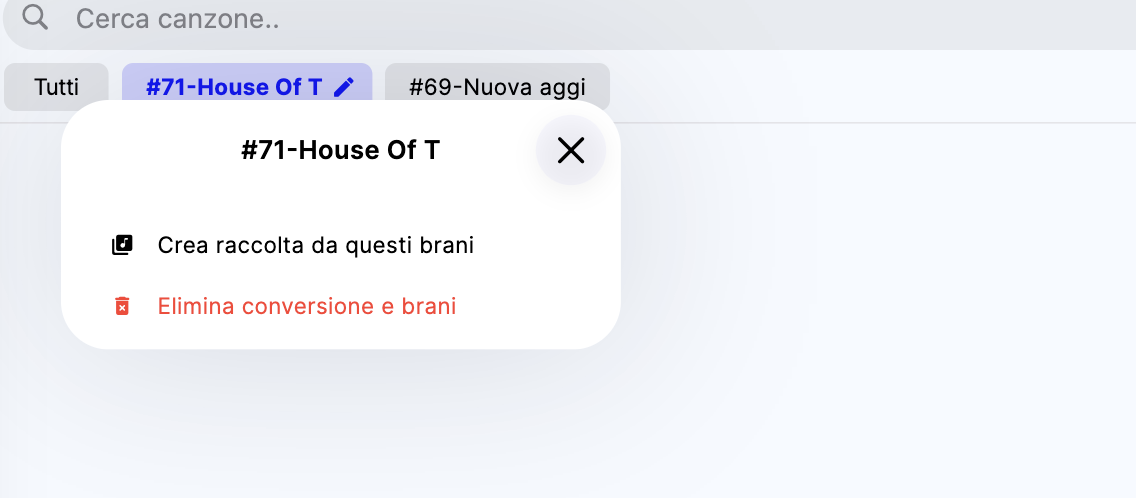 Tasto Crea raccolta da questi brani nella lista dei brani estratti