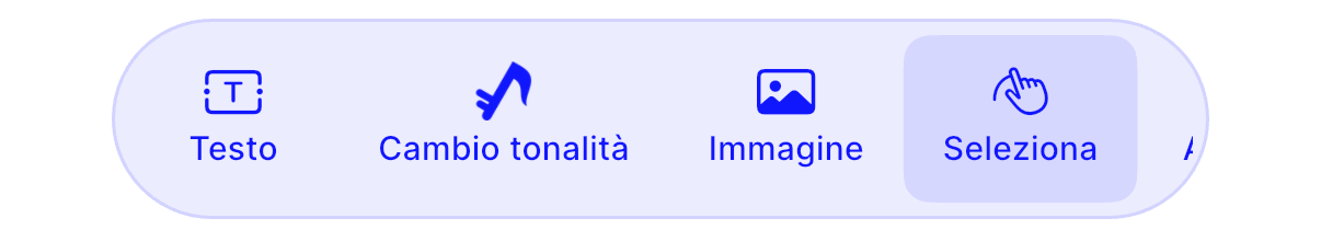 Gli strumenti del menu ⋮: Testo, Cambio tonalità, Immagine, Seleziona