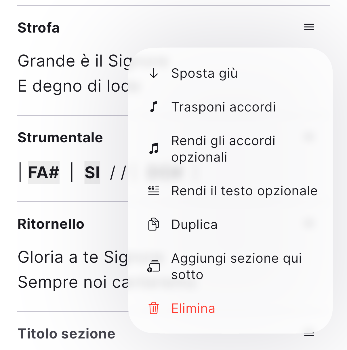 Il menu di una sezione con accordi