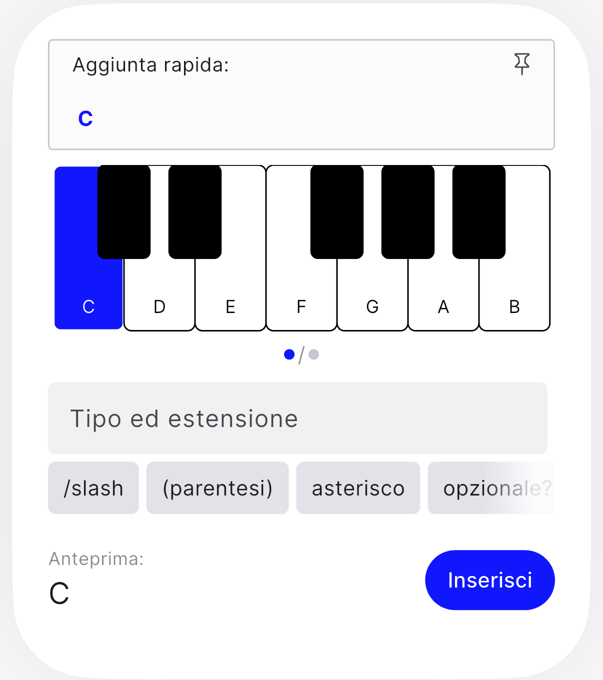 Il selettore accordi di PraiseTune: Aggiunta rapida, tastiera del pianoforte, campo Tipo ed estensione, pulsanti slash, parentesi, asterisco, opzionale e Anteprima