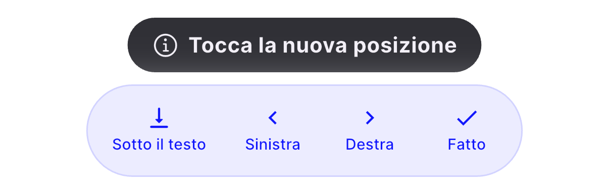 Le opzioni di Sposta: Sotto il testo, Sinistra, Destra, Fatto