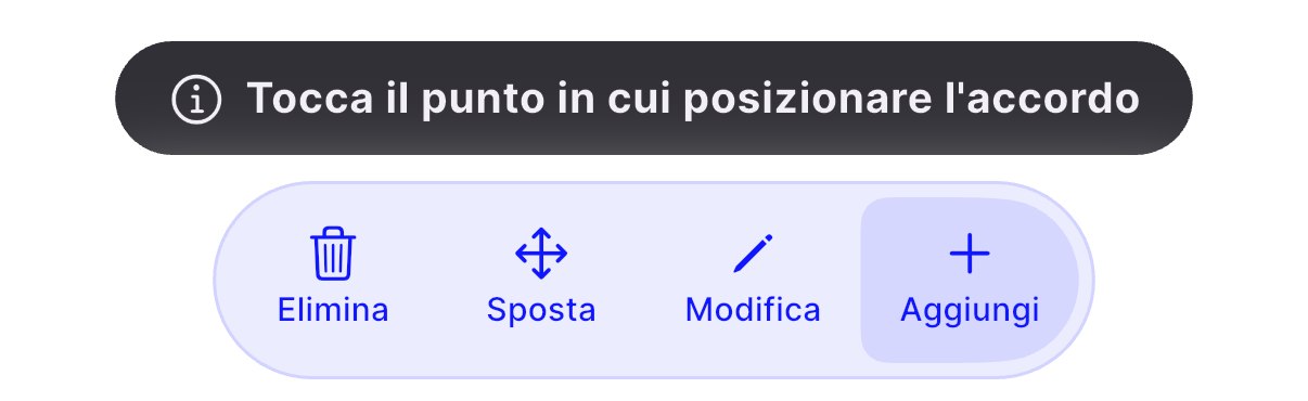 Gli strumenti della modalità Accordi: Elimina, Sposta, Modifica, Aggiungi