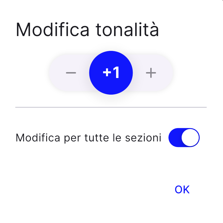 La finestra Modifica tonalità, con +1 e l'interruttore Modifica per tutte le sezioni acceso