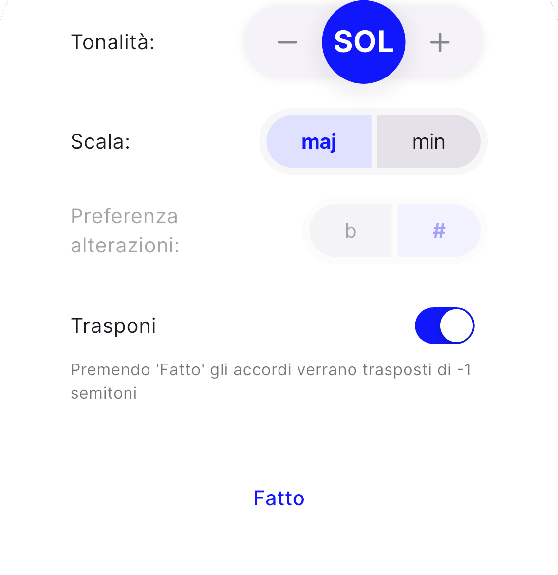 La finestra Tonalità con l'interruttore Trasponi acceso