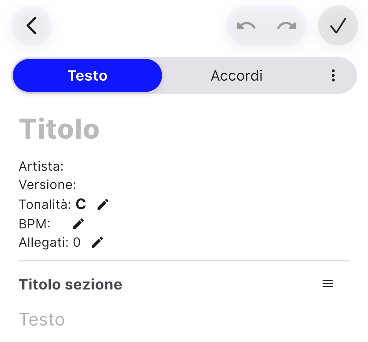 L'editor di canzoni di PraiseTune appena aperto in modalità Testo: titolo, artista, tonalità e prima sezione
