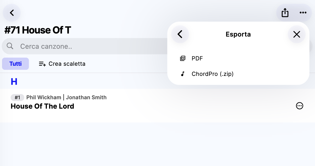 Schermata di esportazione con l'opzione ChordPro (.zip)