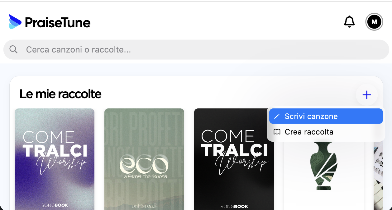 Schermata home di PraiseTune con il menu di aggiunta