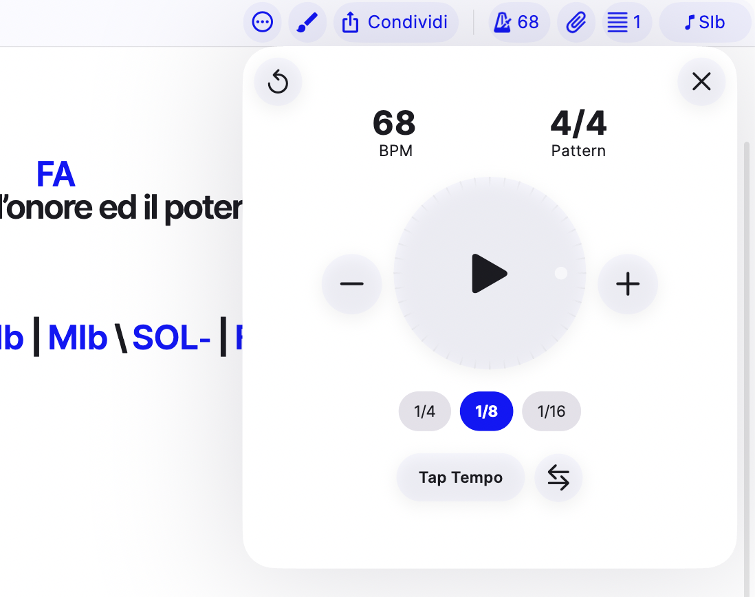 Popover del metronomo aperto da una canzone